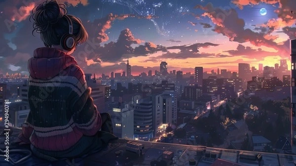 Fototapeta 夜景を眺める女の子