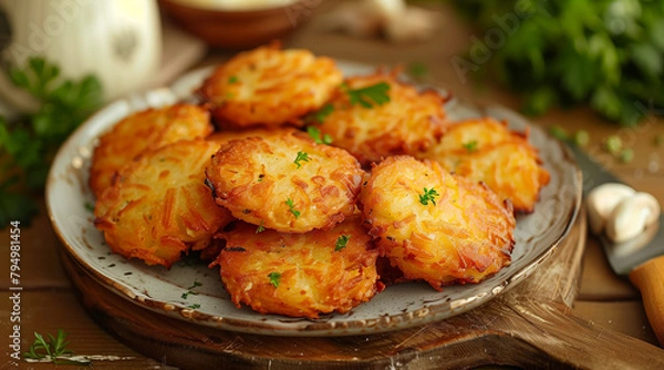 Fototapeta A plate of golden hash brown patties on a wooden kitchen table