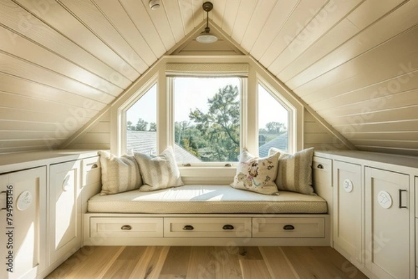 Fototapeta A cozy attic retreat with sloped ceilings, skylights, and a window seat for enjoying panoramic views, Generative AI
