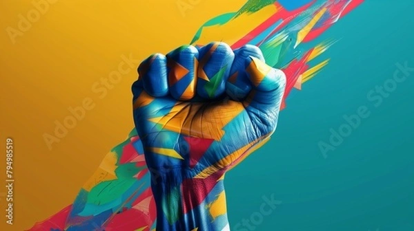 Fototapeta Nelson Mandela International Day background design with colorful shapes and painted fist