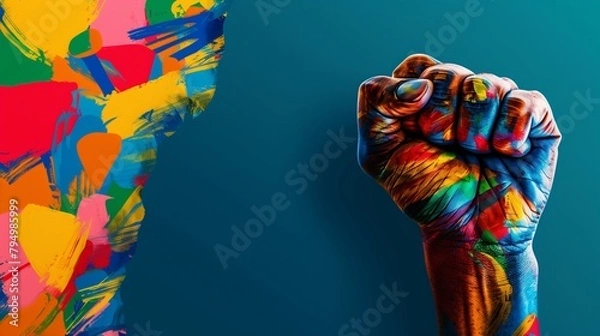 Fototapeta Nelson Mandela International Day background design with colorful shapes and painted fist