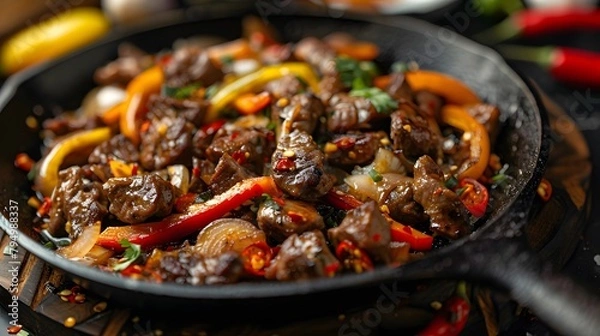 Fototapeta sweet and sour lamb stir fry on a dark serving cast iron plate with peeled peppers and onion