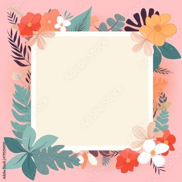 Fototapeta Watercolor flowers and leaves surround empty copy space. Brown border with empty space and surrounding flowers Mockup