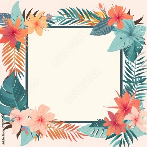 Fototapeta Watercolor flowers and leaves surround empty copy space. Brown border with empty space and surrounding flowers Mockup