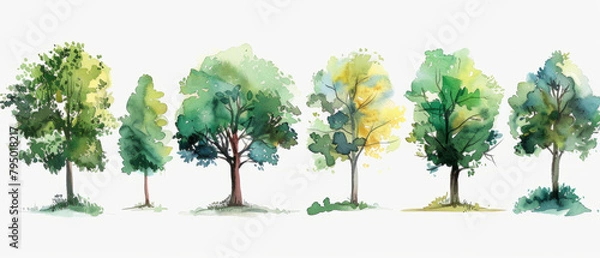 Fototapeta A collection of hand-drawn watercolor trees in a forest pack, perfect for artistic projects and nature-inspired designs.