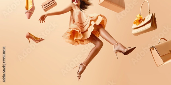Fototapeta girl in a dress and high-heeled shoes jumping in the air on beige background. Fashion online shopping concept