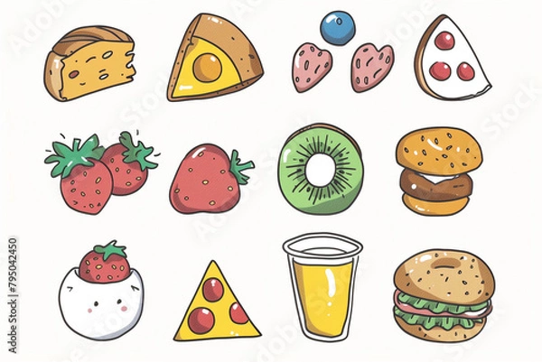 Obraz A set of food items drawn in a cartoon style, including pizza, sandwiches