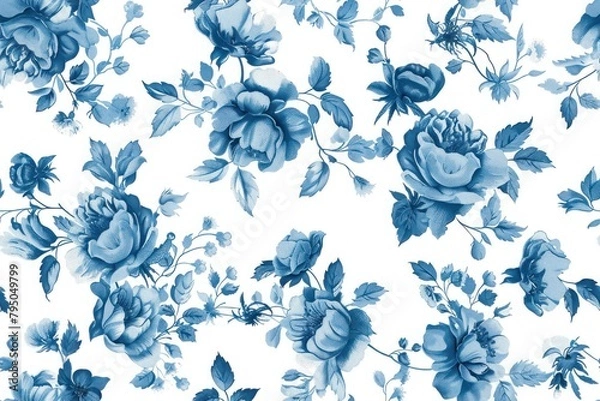Fototapeta Vintage French Blue Floral textile design, Blue and white floral texture for a sophisticated twist on nice fabric design and elegant home styling. Seamless pattern, background