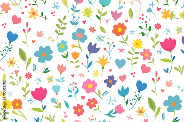Fototapeta Colorful spring flowers and hearts seamless pattern in the style of a flat design on a white background, this vector illustration features pastel colors in a cute style with colorful flowers and gree