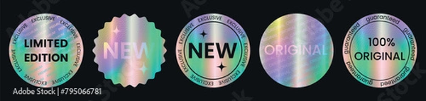 Fototapeta Set of color holographic sticker templates, label with holographic effect. Shiny rainbow emblems Limited Edition, New, Original, Premium. Vector illustration EPS10