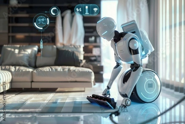 Fototapeta Smart robot vacuum cleaner operating in a modern living room