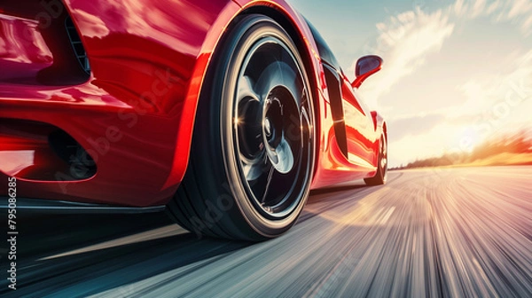 Fototapeta A red sports car is speeding along the highway. close-up of the wheel and the road.
