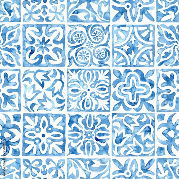 Fototapeta Portuguese tile azulejo blue and white watercolor pattern. Traditional ornament. A collection of various square tiles. Handmade on paper. Print for your textile.