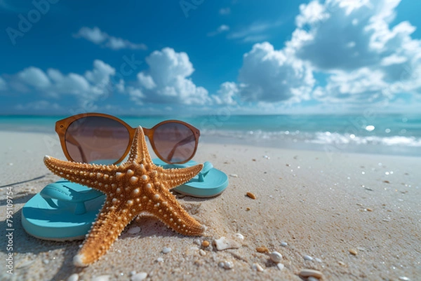 Fototapeta Starfish with sunglasses on sandy beach with flip-flops. Summer holiday and vacation concept for travel and tourism design
