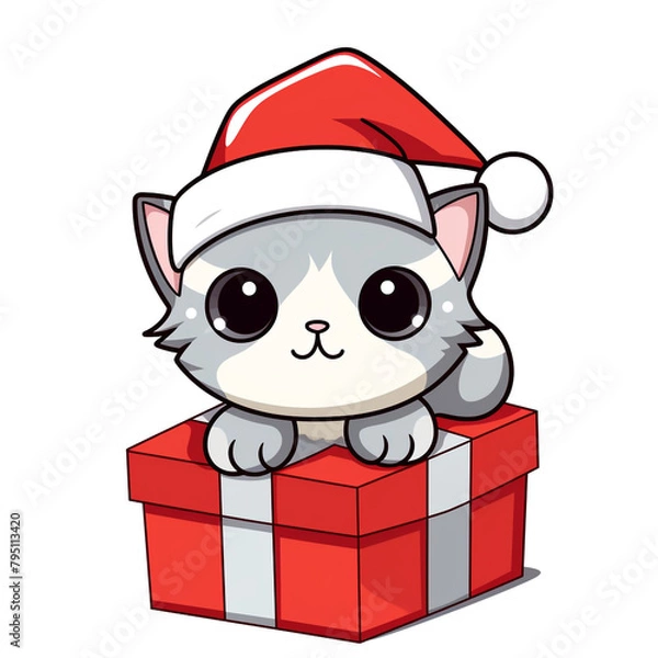 Fototapeta clipart kawaii, cute cat wearing a christmas hat, sitting on top of a present сreated with Generative Ai