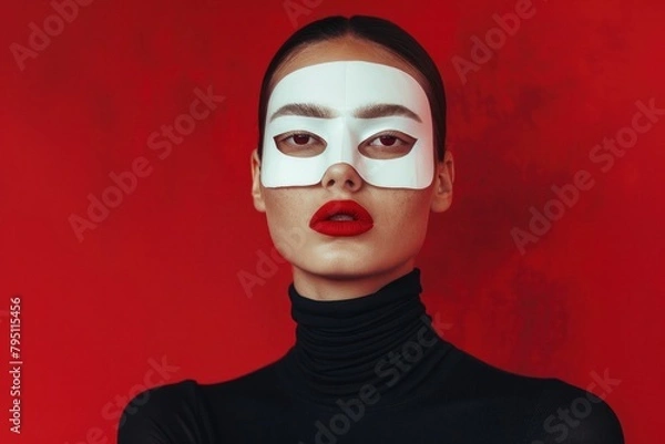 Fototapeta Mysterious woman wearing white mask with red background portraying elegance and secrecy