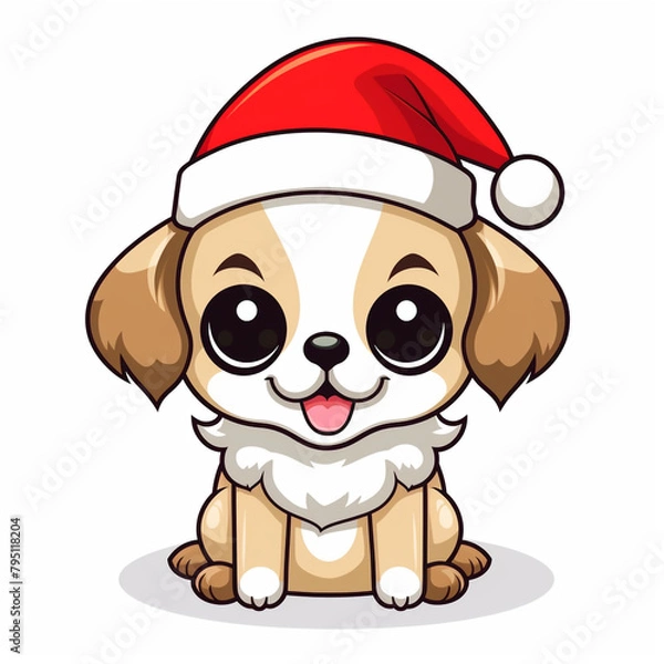 Obraz clipart kawaii, cute dog wearing a christmas hat, soft pastel colour scheme, white background сreated with Generative Ai