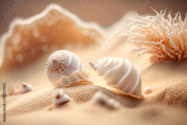 Fototapeta Shells in the sand on the seashore as a background. Soft focus. Generative AI