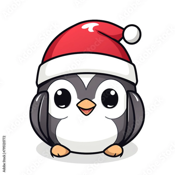 Fototapeta clipart kawaii, cute penguine wearing a christmas hat, soft pastel colour scheme, white background сreated with Generative Ai