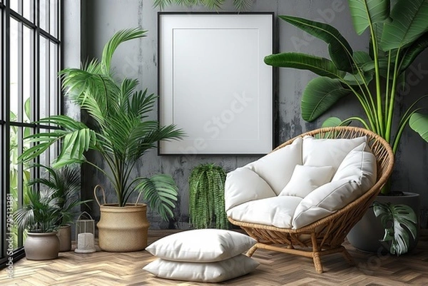 Fototapeta mockup design blank photo frame hanging on wall at cozy living room, boho style interior room with sunlight, light and shadow play, Generative Ai