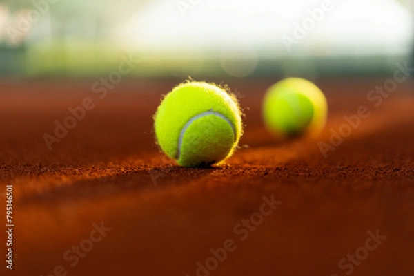 Fototapeta new tennis balls on orange clay court with light from behind, shadow and copy space in front
