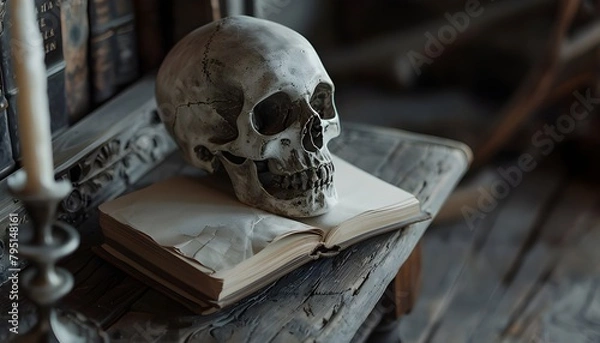 Obraz  spell book and skull for Halloween night copy on black background AI Generated