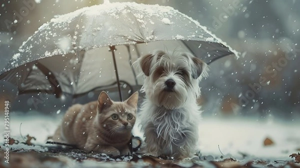 Obraz Poor sad hungry dirty homeless puppy and kitten sit in the street under umbrella in the rain AI Generated