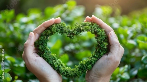 Fototapeta Green earth concept with hands forming a heart shape around a globe