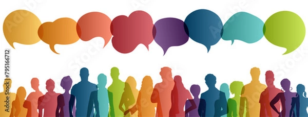 Fototapeta Communication across diverse cultures -  Multicultural dialogue represented by colored silhouette and speech bubbles of multiethnic individuals. Diversity equality inclusion. Front-view