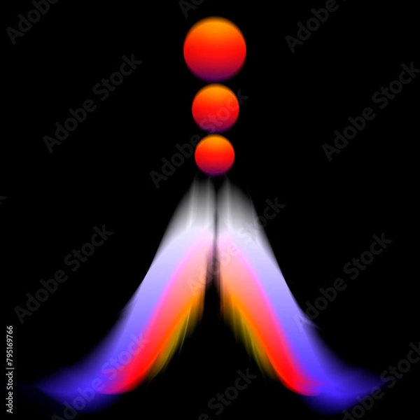 Fototapeta Fantasy illustration of an outer space scene. three orange globes, two feathered wings, illusion of 3D on black square background. white and purple soft blur gradient color blends.