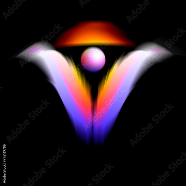 Fototapeta Fantasy illustration of an outer space scene. spaceship, two feathered wings, illusion of 3D on black square background. orange, white and purple soft blur gradient color blends.