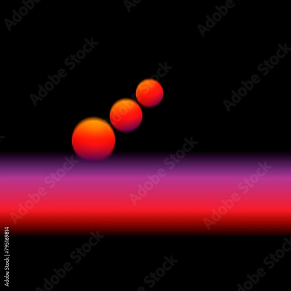 Fototapeta Fantasy illustration of an outer space scene. three orange gradient globes. conceptual illusion of 3D on black square background. orange and purple linear band with soft blur gradient.
