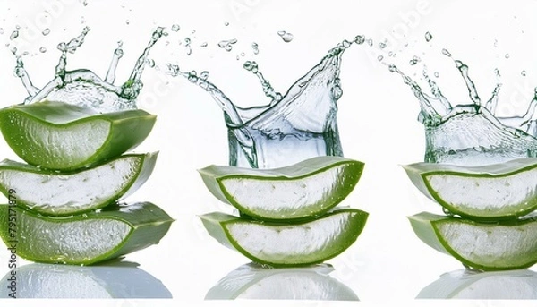Fototapeta Set of Aloe vera sliced with gel dripping with fresh water splashing isolated on white background