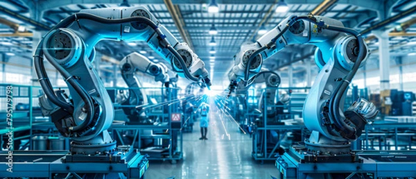 Fototapeta Robotic Automation in Manufacturing, Industrial Robots at Work in an Automotive Factory