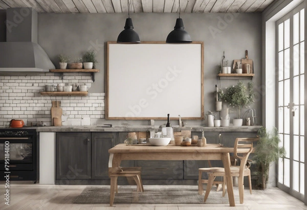Fototapeta Wall blank mockup in kitchen interior background Farmhouse style 3d render