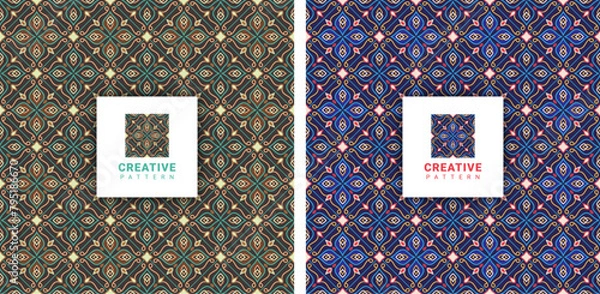 Fototapeta luxury two colorful embroidery seamless pattern with abstract tiles fabric textile style