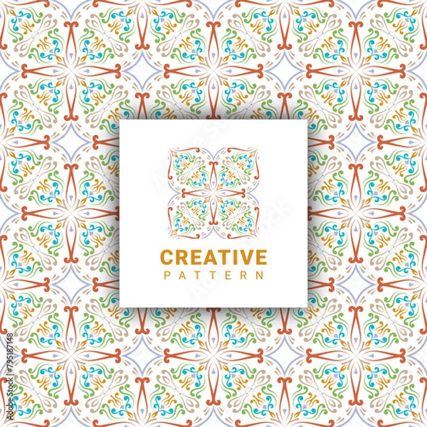 Fototapeta luxury white colorful embroidery seamless pattern with abstract tiles fabric textile style
