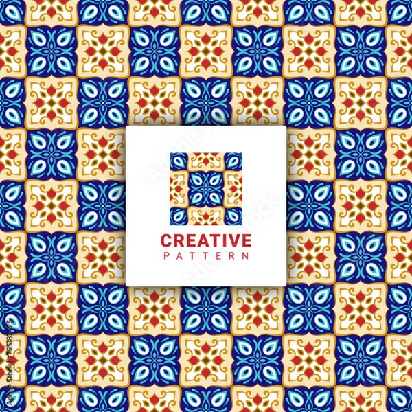 Fototapeta luxury blue colorful embroidery seamless pattern with abstract tiles fabric textile style