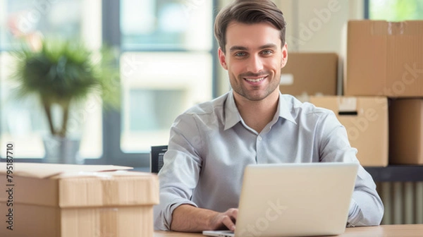 Obraz Issuing orders from the warehouse. Young smiling man groups the order. man with a laptop and boxes on the background of the warehouse. Order picker. Delivery, shipping department