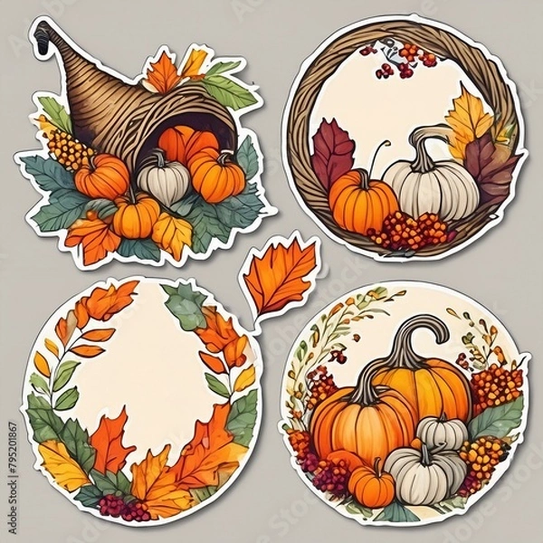 Fototapeta Circular Floral Wreath Stickers featuring illustrations of a cornucopia