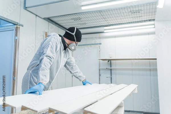 Fototapeta a carpenter with uniform and mask in the process of spraying wooden pieces, workshop. High quality photo