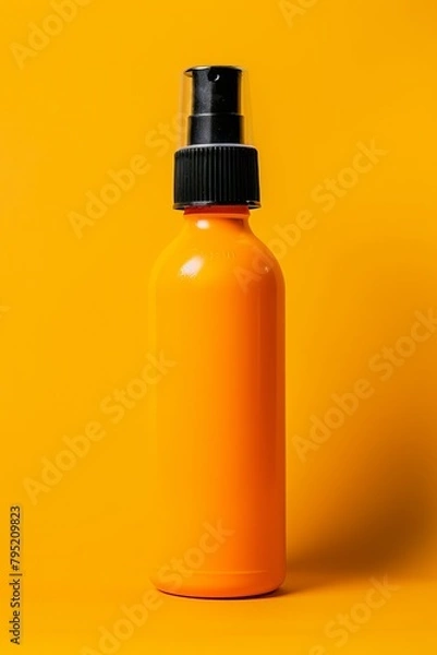 Fototapeta Bold orange sunscreen bottle on soft pastel background with ample space for text placement