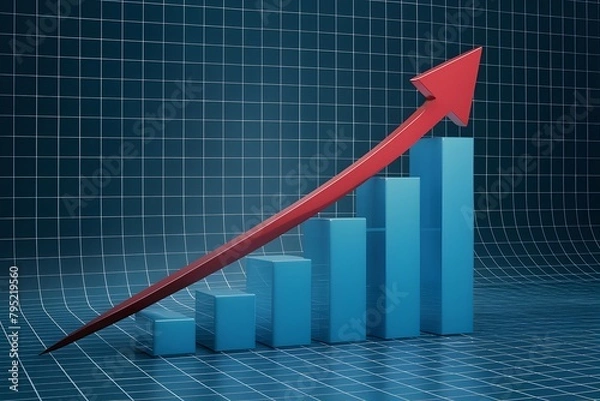 Fototapeta Bar chart with blue bars, red arrow showing growth and professionalism on grid backdrop