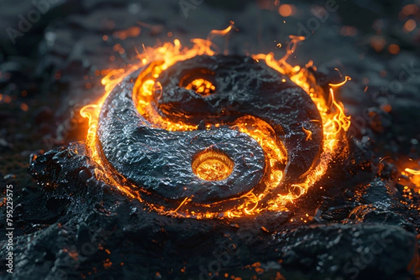 Obraz Lava forms a yin yang symbol on rocky terrain symbolizing balance and contrast