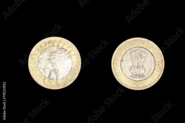 Fototapeta 10 rupee Indian coin front view isolated on black background. Head and tail side of ten rupee coin. 