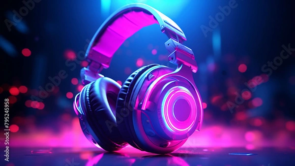 Fototapeta Colorful Headphones on Vivid Neon Color Abstract Background. Retro wave composition.
