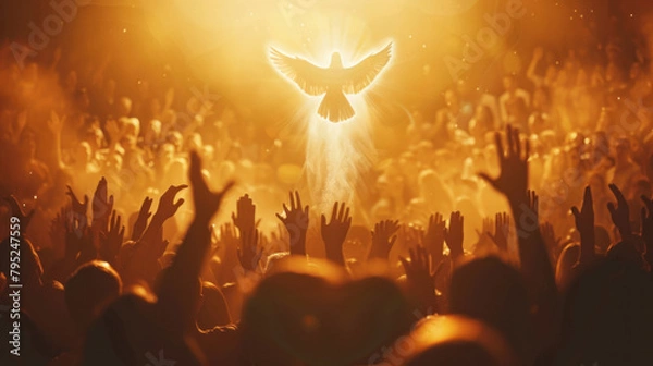 Fototapeta silhouette of the holy spirit in the form of a bird of peace in the sun's rays, people pray with their hands raised up