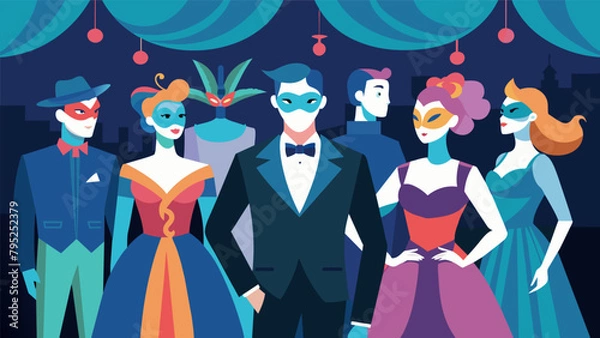 Fototapeta An elegant masquerade ball with guests dressed in their best formal attire and colorful masks to match the plays mysterious and magical themes.