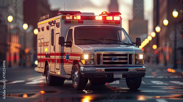 Obraz front view ambulance on the street city in the evening.