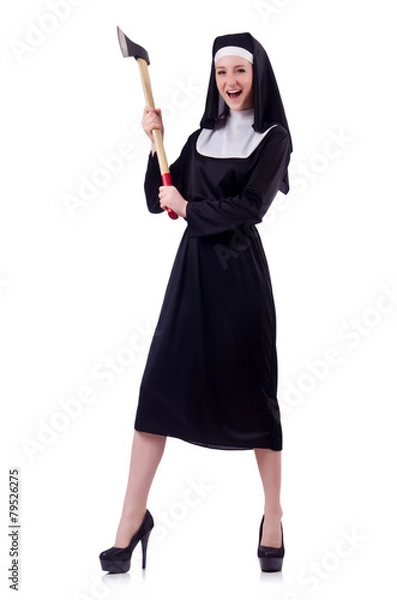 Fototapeta Nun with axe isolated on white